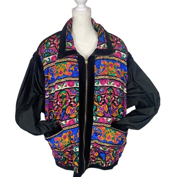 Vintage EAST WEST Women Jacket Size L Multicolor Zip Front Nylon Velour Bright